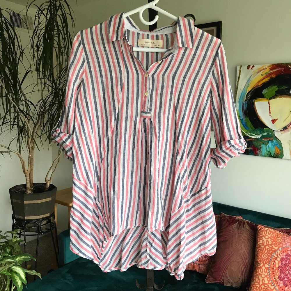 ISABELLA SINCLAIR sz S Chambray Striped Red & Blue Popover Hi-Lo Top